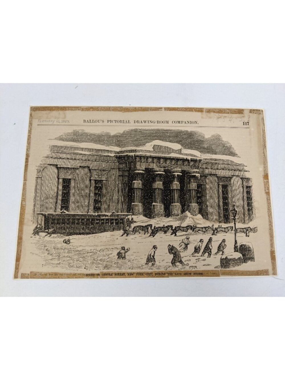 1867 Ballou's Pictorial Engraving New York City NYC Snow Storm Center Street